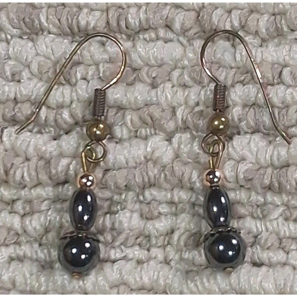 Vintage Hematite Bead Dangle Drop Earrings Bronze Gold Hook Pierced Womens Lobe